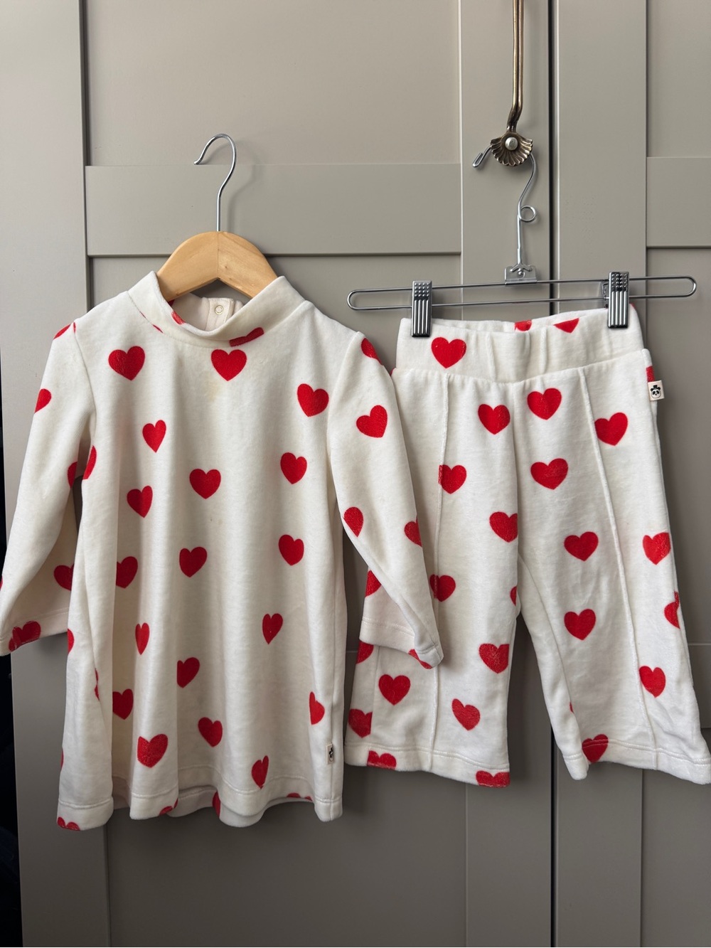 Mini Rodini Girls Ivory Velour Trousers with Red Heart Print